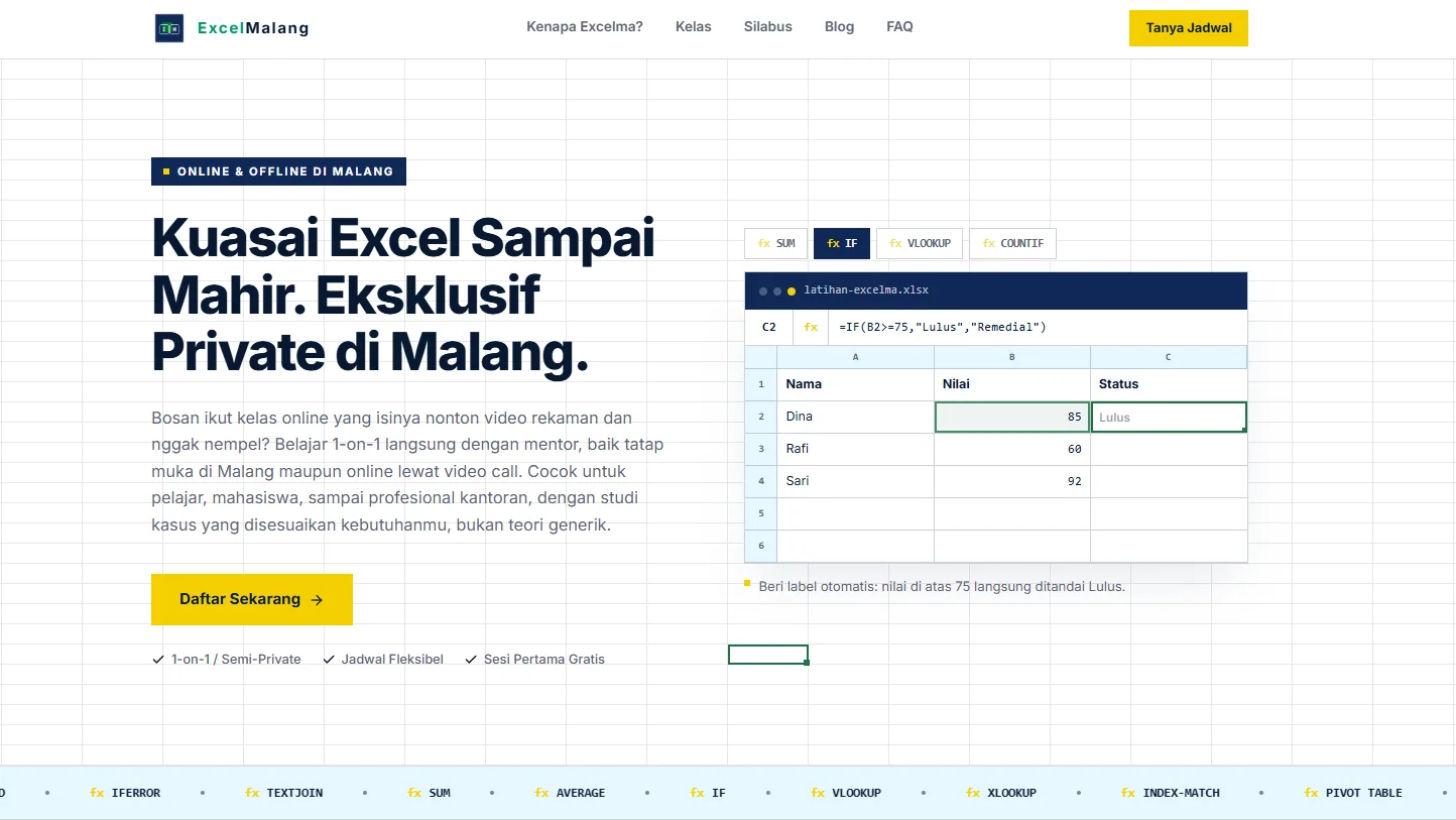 Excel Malang landing page in navy and yellow, with an Indonesian headline about mastering Excel and a spreadsheet panel demonstrating an IF formula.