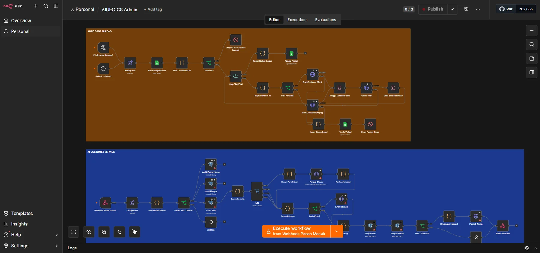 An n8n editor canvas showing two labelled workflow groups: an automated post thread pipeline in orange, and an AI customer service flow in blue with webhook, routing, reply and escalation nodes.